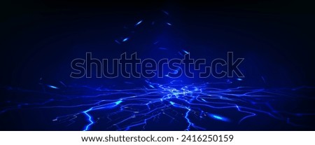 Abstract light cracks on ground. Vector realistic illustration of blue holes glowing on black background, mist and sparkling particles, electric discharge, magic energy effect, explosion demolition