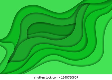 Abstract light and dark fresh green wavy shapes paper cut background with empty place for text. Elegant 3d layered illustration, nature concept for banner, trendy cutout cover