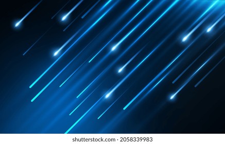 Abstract light digital background. Neon Light Particles, Meteor rain with falling glowing comets, luminous rays in motion, technology,network concept,falling glowing neon lights. Falling stars. Vector