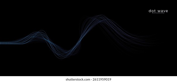 Abstract light dot particles wavy flowing dynamic in blue purple colors isolated on black background. Futuristic technology concept. Suit for poster, banner, brochure, cover, website, flyer	