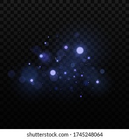 Abstract light effect bokeh on a dark transparent background. Bright blue glares. Colorful glitter. Flying magical dust for your project. Vector illustration. EPS 10