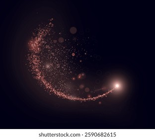 Abstract light effect of glowing dust moving in circle on transparent background. Golden comet. Vector illustration