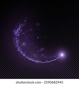 Abstract light effect of glowing dust moving in circle on transparent background. Purple bright comet. Vector illustration