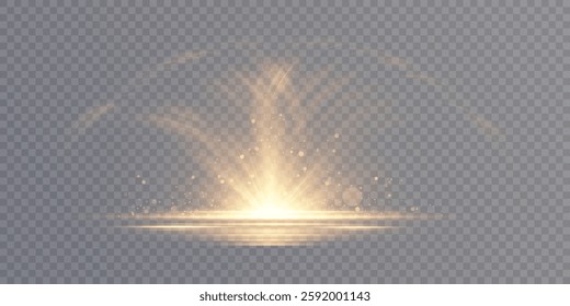 Abstract light effect with golden light lines and flash of light in vertical projection on transparent background. Vector illustration