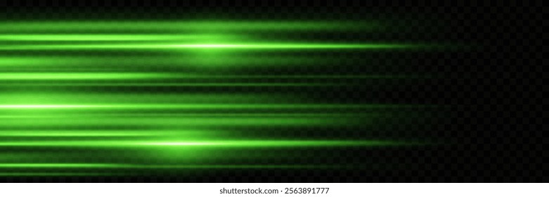 Abstract light effect. Green lens flare. Green laser beams on dark background. Vector.