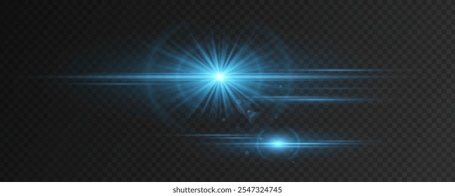 Abstract light effect with horizontal moving laser beams on a dark transparent background. Bright blue flash with rays and bokeh. Vector illustration. EPS 10