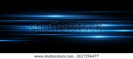 Abstract light effect of horizontal rays on black background. Moving fast laser beams of light. Lens flare backdrop. Glowing blue stripes in the dark. Vector illustration