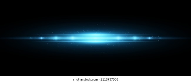Abstract light effect isolated on black background. Horizontal glow. Vector bright flash for your project. Flare and glare. Sci-fi blue rays. EPS 10