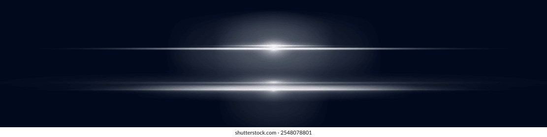 Linha de efeito de luz abstrata. Velocidade ​ ​ilustração vetorial, estrada. Feixes de laser brancos isolados sobre fundo preto. Flash de lente branca. Raios horizontais brilhando no escuro.