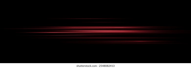 Línea de efecto de luz Abstractas. Velocidad ​​Ilustración vectorial, carretera. Rayos de láser rojo aislados sobre fondo negro. Flash de lente rojo. Horizontales rayos brillando en la oscuridad. 
