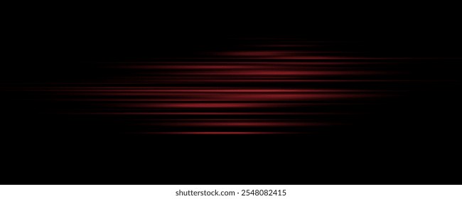 Linha de efeito de luz abstrata. Velocidade ​ ​ilustração vetorial, estrada. Feixes de laser vermelho isolado no fundo preto.Flash lente vermelha. Raios horizontais brilhando no escuro. 