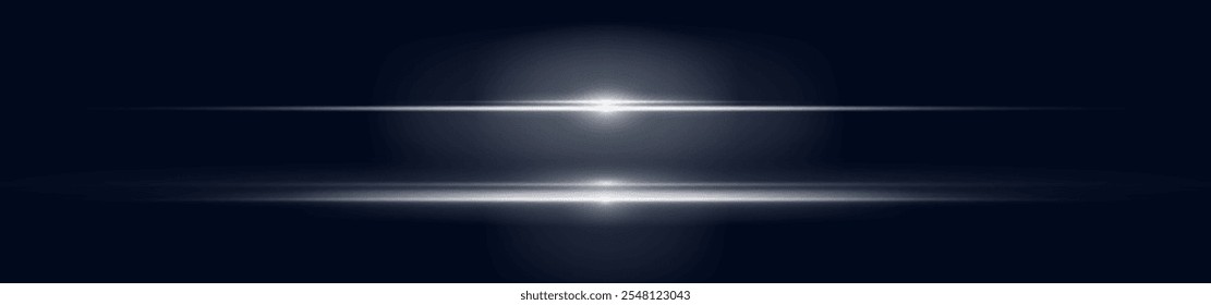 Abstract light effect line. Speed ​​vector illustration, road. White laser beams isolated on black background. White lens flash. Horizontal rays glowing in the dark.