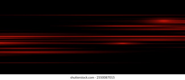 Abstract light effect line. Speed ​​vector illustration, road. Red laser beams isolated on black background.Red lens flash. Horizontal rays glowing in the dark. 