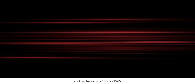 Linha de efeito de luz abstrata. Velocidade ​ ​ilustração vetorial, estrada. Feixes de laser vermelho isolado no fundo preto.Flash lente vermelha. Raios horizontais brilhando no escuro. 