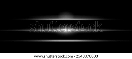 Abstract light effect line. Speed ​​vector illustration, road. White laser beams isolated on black background. White lens flash. Horizontal rays glowing in the dark.