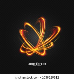 Abstract light effect. Luminous red-orange geometric shapes on a dark background. Painting pattern with vortex spirals. A sparkling neon, brilliant, magical effect, sparkles with waves and a whirlwind