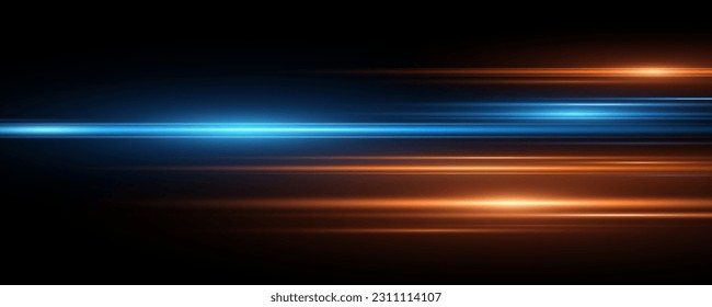 Abstract light effect with orange and blue horizontal galres isolated on black background. Bright flash. Lens flare. Vector illustration. EPS 10.