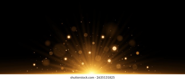 Efecto de luz Abstractas con rayos radiales y luces brillantes bokeh aislado sobre fondo negro. Destello dorado brillante con rayos dinámicos y chispas. Ilustración vectorial