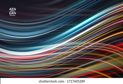 Abstract light effect wave wallpaper. Laser beams motion speed of sound in the space. Technology computer science data communication background. Fluid blurred futuristic shimmering rays..