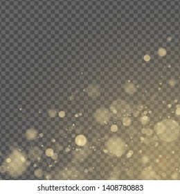 Abstract light effect. Yellow bokeh isolated on transparent background. Golden glow. Golden glitters. Random blurry spots. Vector illustration EPS 10