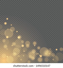 Abstract light effect. Yellow bokeh isolated on transparent background. Golden glow. Golden glitters. Random blurry spots. Vector illustration EPS 10