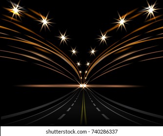 Abstract light effects. Car lights. Road to perspective, street, highway, expressway. Lanterns on both sides. Vector illustration