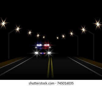 Abstract light effects. Police car at night with lights in front. Road, highway, lampposts. Vector illustration