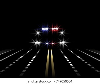 Abstract light effects. Police car at night with lights in front. Road, highway, street. Vector illustration