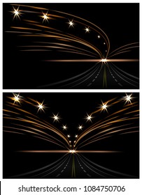 Abstract light effects. Two pictures. Car lanterns. Road in perspective, street, highway, expressway. Vector illustration