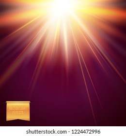 Abstract light effects vector illustration on dark purple background. Glowing warm yellow sun, star burst  with flare and radiant light beams.