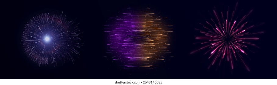 Abstract light explosions with glow and sparkles on dark background. Energetic explosions and flashes of particle scatter.