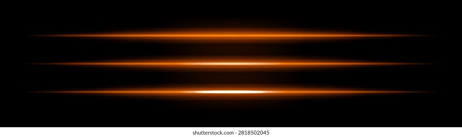 Abstract light flare set icon. Three parallel horizontal luminous beams with soft warm glow, elongated highlights fading into dark background, smooth atmospheric lighting composition