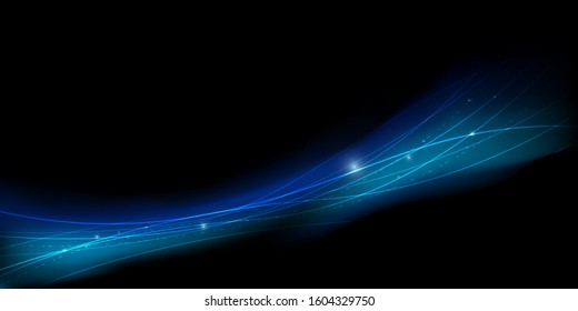 Abstract light flares  background. Bright luminous glowing lines. Dynamic lights shape on dark background. High speed optical fiber concept. 