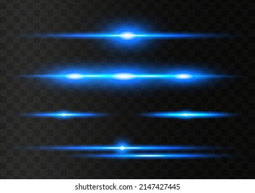 Abstract light flares, laser beams, sparkling lined, horizontal light rays. Set of blue horizontal lens flares pack.  Vector illustration.