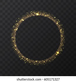 Abstract light gold vector circle on transparent background.   Round shining glitter circular light frame  Beautiful abstract golden luxury light ring of stars, Eclipse. Vector illustration.