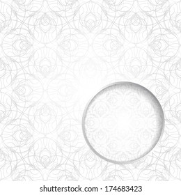 Abstract light graphic card or invitation template with decorative cobweb background and place for text in the round volumetric window.