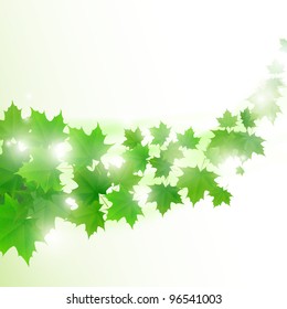 Abstract light green background with flying maple leaves. Vector eps10 illustration