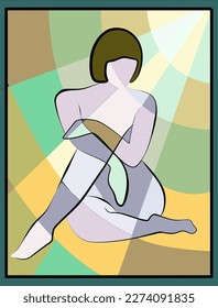 abstract light green background,  woman sitting