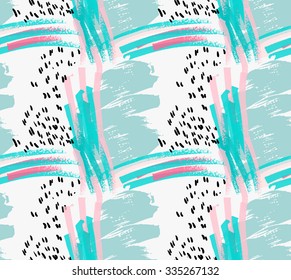 Abstract light green brush strokes and black marks.Hand drawn with paint brush seamless background.Modern hipster style design.