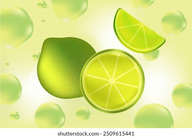Abstract light green gradient background with lime fruit, green glowing soda bubbles. Fresh citrus fruit vector decoration for menu, presentation, poster