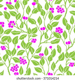 Abstract light green leaves and bright rose berries seamless vector pattern. Decorative hand drawn vintage background.