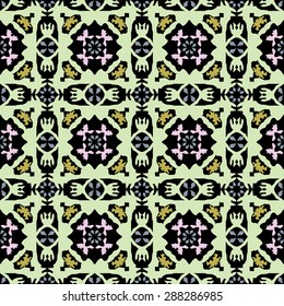 Abstract light green, pink damask pattern on a black background