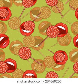 Abstract light green seamless background of candy and lips. Part of the body, the expression of the lips.