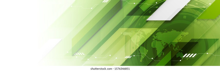 Abstract light green technology web header banner. Vector geometric background design with HUD gear and world map. Futuristic illustration
