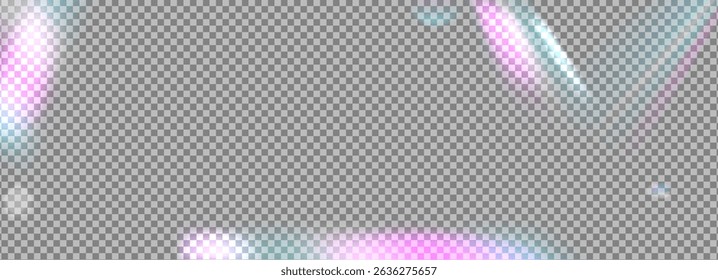 Abstract light leaks flare texture background. Refraction rainbow flare burn effect bg. Caustic overlay frame. Bright gradient. Iridescent sun beams. Vector decoration on transparent.