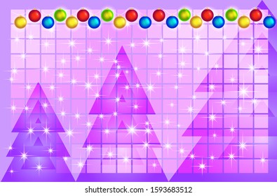 Abstract light lilac background with triangular Christmas trees and a luminous garland of balls