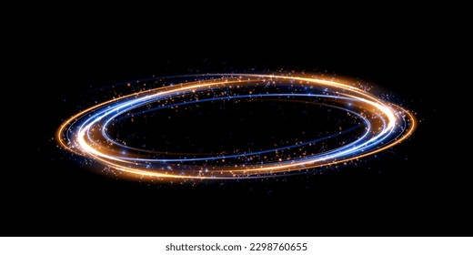 Abstract light lines of high speed traffic, blue golden colors. Light everyday glowing effect. semicircular wave, light trail curve swirl, optical fiber incandescent png.