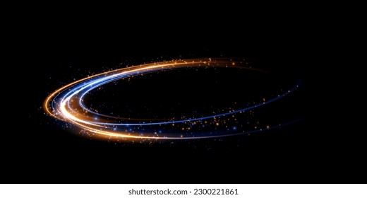 Abstract light lines of high speed traffic, blue golden colors. Light everyday glowing effect. semicircular wave, light trail curve swirl, optical fiber incandescent png.