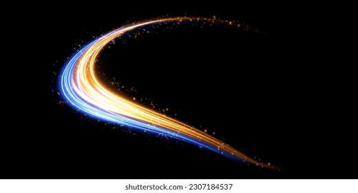 Líneas de luz abstractas de tráfico de alta velocidad, colores dorados azules. Efecto luminoso diario. onda semicircular, giro de la curva de traza luminosa, png incandescente de fibra óptica.