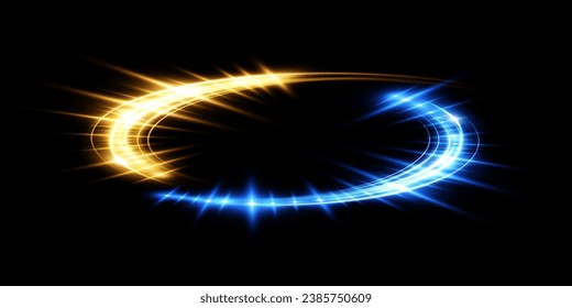 Abstract light lines of high speed traffic, blue golden colors. Light everyday glowing effect. semicircular wave, light trail curve swirl, optical fiber incandescent png.